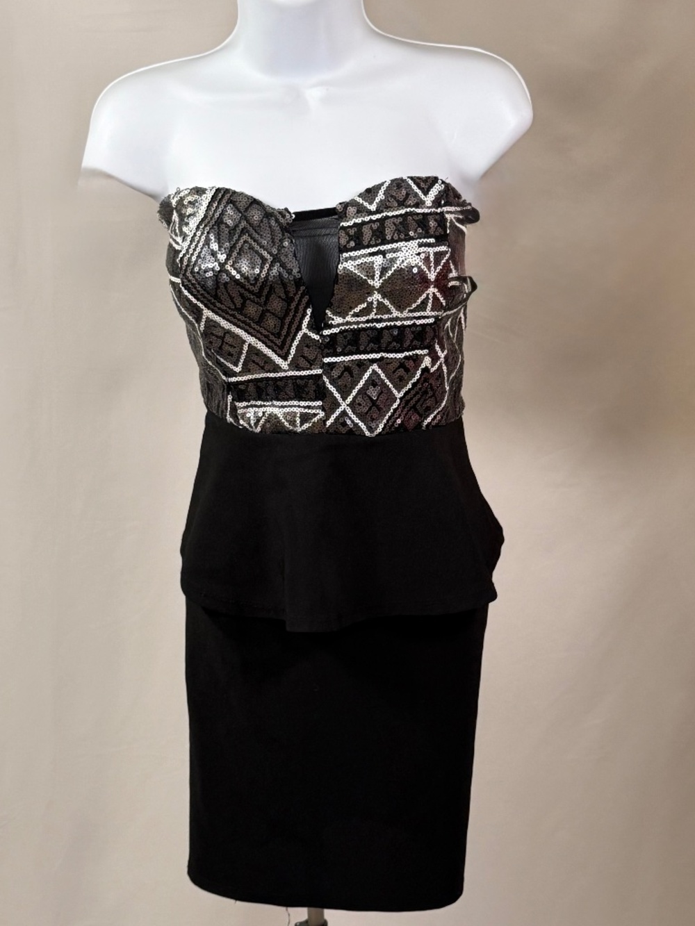 Deb Black Silver Sequin Strapless Peplum Dress L
